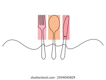 Continuous line drawing of kitchen utensils cutlery set. Single line art of spoon, fork and knife. One line art restaurant logo. Vector illustration