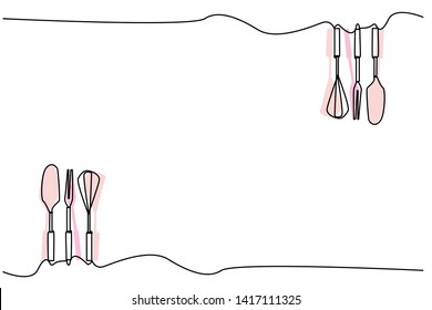 Continuous line, drawing of kitchenware, hand-drawn logos, simple lines. Vector illustrations