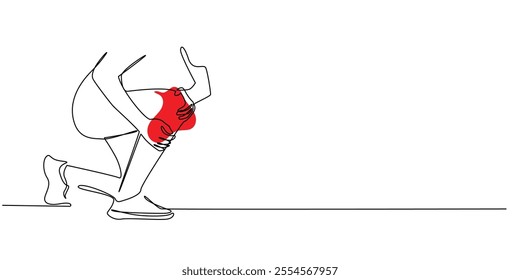 continuous line drawing of knee pain.one line drawing of athlete feeling knee pain while exercising.single line vector illustration.isolated white background