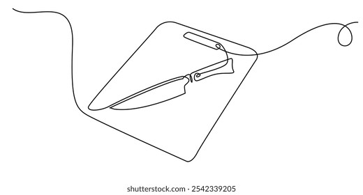 continuous line drawing of knife and cutting board.one line drawing of kitchen cooking tools.single line vector illustration of knife on a cutting board.isolated white background