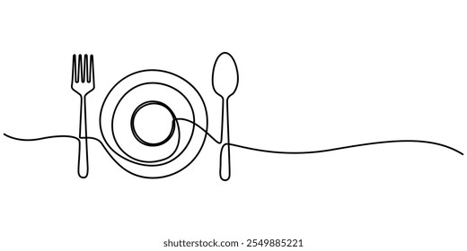 continuous line drawing of knifes, spoons, forks and plate on white background. Table manner concept, Tableware Continuous Line Icon, Silverware Continuous Line Icon, Modern illustration of a plate,