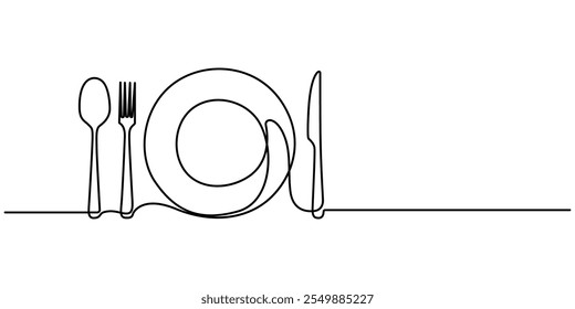 continuous line drawing of knifes, spoons, forks and plate on white background. Table manner concept, Tableware Continuous Line Icon, Silverware Continuous Line Icon, Modern illustration of a plate,