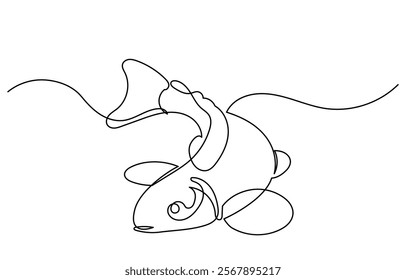 Continuous line drawing of a koi fish leaping out of water. Simple illustration of saltwater fish line art vector illustration, One line drawing of a koi fish.koi fish isolated on a white background.