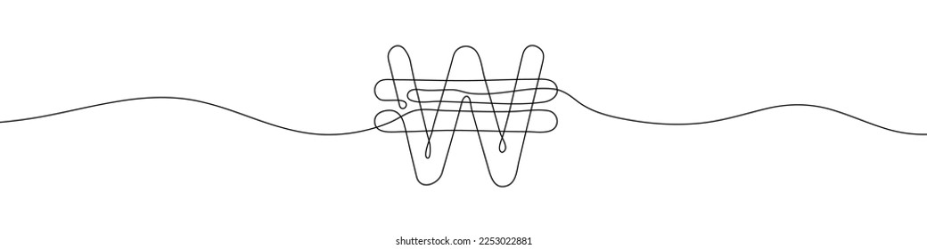 Dibujo continuo de la línea del símbolo de la divisa surcoreana Won. Arte de la línea del símbolo de la moneda coreana ganada. Ilustración vectorial.