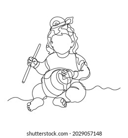 continuous line drawing. Krishna with a jug of butter. Silhouette. Govinda God.