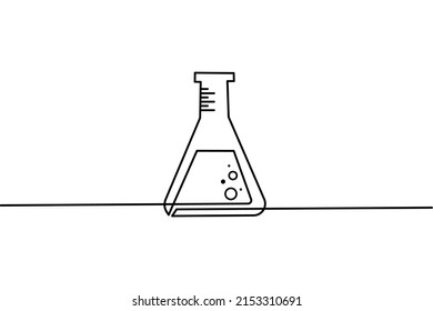 Dibujo continuo de vidrio de laboratorio sobre fondo blanco.