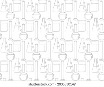 Continuous line drawing of Laboratory glassware. Hand drawn vector seamless pattern. 