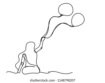 Continuous line drawing of the ladies sitting holding balloons. Feeling alone
