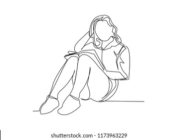 continuous line drawing of the ladies  sitting reading a book.