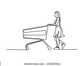 continuous line drawing lady in salwar suit with shopping cart