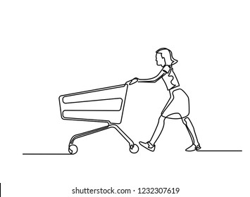 continuous line drawing lady in salwar suit with shopping cart