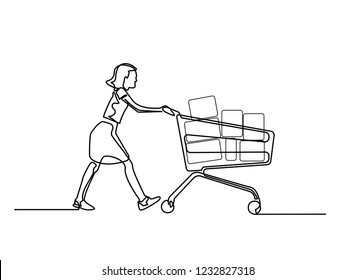 continuous line drawing lady in salwar suit with shopping cart
