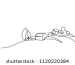 Continuous line drawing. Landscape with village on hill. Vector illustration. Concept for logo, card, banner, poster, flyer