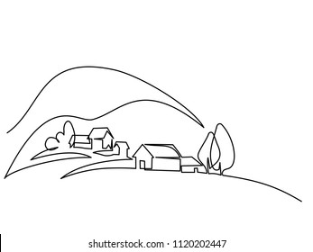 Continuous line drawing. Landscape with village on hill. Vector illustration. Concept for logo, card, banner, poster, flyer Continuous line drawing. Landscape with village on hill. Vector illustration. Concept for logo, card, banner, poster, flyer