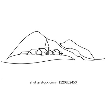 Continuous line drawing  Landscape and village hill  Vector illustration  Concept for logo  card  banner  poster  flyer
