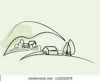 Continuous line drawing. Landscape with village on hill. Vector color illustration. Concept for logo, card, banner, poster, flyer