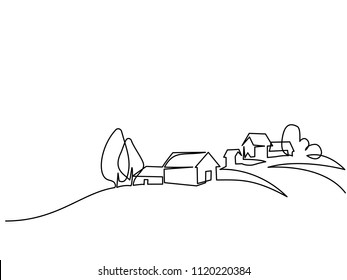 Continuous line drawing  Landscape and village hill  Vector illustration  Concept for logo  card  banner  poster  flyer