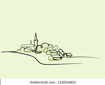 Continuous line drawing. Landscape with village on hill. Vector color illustration. Concept for logo, card, banner, poster, flyer