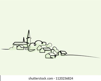 Continuous line drawing. Landscape with village on hill. Vector color illustration. Concept for logo, card, banner, poster, flyer