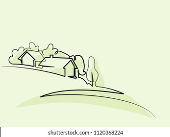 Continuous line drawing. Landscape with village on hill. Vector illustration. Concept for logo, card, banner, poster, flyer