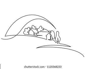 Continuous line drawing. Landscape with village on hill. Vector illustration. Concept for logo, card, banner, poster, flyer