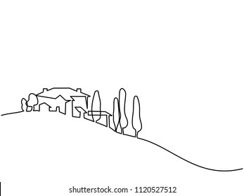 Continuous line drawing. Landscape with village on hill. Vector illustration. Concept for logo, card, banner, poster, flyer Continuous line drawing. Landscape with village on hill. Vector illustration. Concept for logo, card, banner, poster, flyer