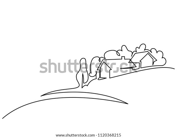 実線図面 丘の上の村と風景 ベクターイラスト ロゴ カード バナー ポスター チラシのコンセプト のベクター画像素材 ロイヤリティフリー