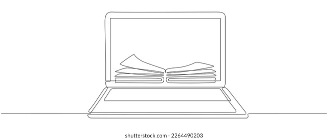 Continuous line drawing of laptop with book. Online education linear illustration. Vector isolated on white.