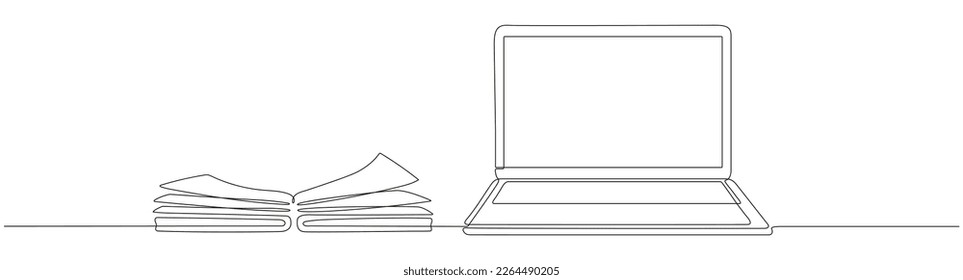 Continuous line drawing of laptop with book. Online education linear illustration. Vector isolated on white.