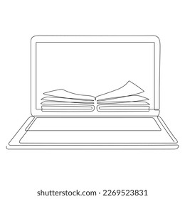 Kontinuierliche Zeichnung von Laptop mit Buch. Online-Bildung, lineare Illustration. Vektorgrafik einzeln auf Weiß.	