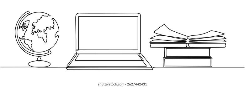 Dibujo continuo de la línea del ordenador portátil con el libro y el globo terráqueo. Concepto de educación en línea. Ilustración vectorial aislada en blanco.