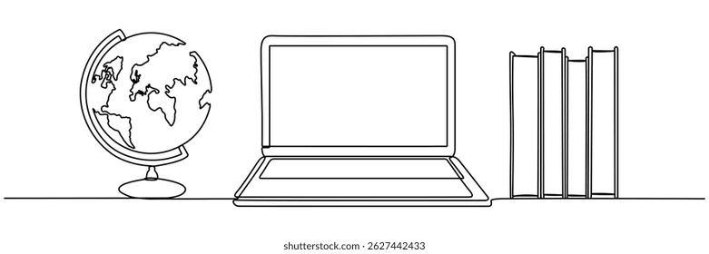 Continuous line drawing of laptop with book and globe. Online education concept. Vector illustration isolated on white.