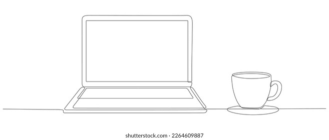 Kontinuierliche Zeichnung von Laptop und Kaffeetasse. Vektorgrafik einzeln auf Weiß.