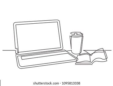 continuous line drawing of laptop computer and cup of coffee