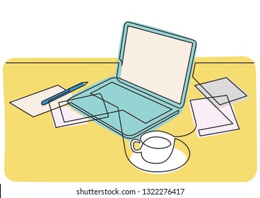 continuous line drawing of laptop computer papers and cup of tea