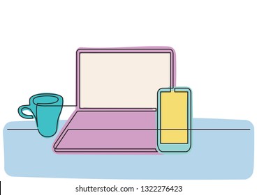 continuous line drawing of laptop computer mobile phone