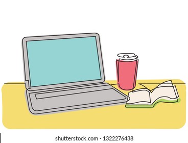 continuous line drawing of laptop computer and cup of coffee