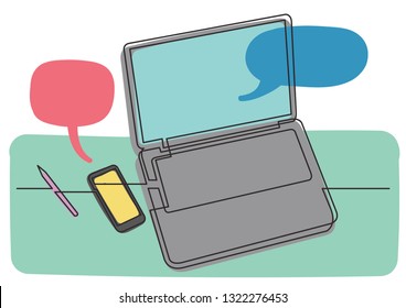 continuous line drawing of laptop computer phone and pencil