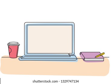 continuous line drawing of laptop computer coffee cup and notepad