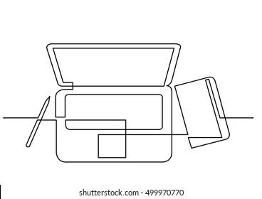 Continuous Line Drawing Of Laptop Computer Notepad Pen