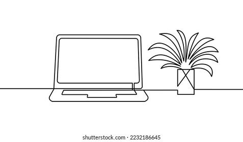 Continuous line drawing of laptop and flowerpot. Vector linear icon illustration