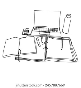 Continuous line drawing. A laptop, notebook, pen, and water bottle arranged on a desk. Icon vector illustration