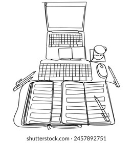 Continuous line drawing. A laptop, notebook, and pen depicted in a drawing. Icon vector illustration