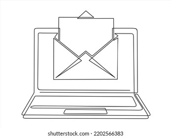 Dibujo continuo en línea de la laptop con sobre abierto con una letra dentro