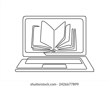 Dibujo continuo de la línea del ordenador portátil con el libro abierto. Educación lineal en línea de computadoras. Ilustración vectorial aislada en blanco.