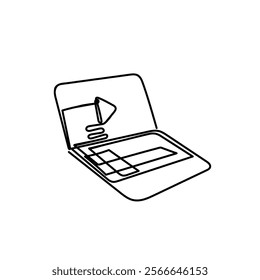 continuous line drawing laptop with play video button icon