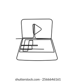 continuous line drawing laptop with play video button icon
