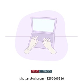 Continuous line drawing of laptop and user hands. Template for your design works. Vector illustration.