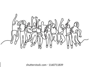 Continuous Line Drawing Of Large Group Of Jumping People