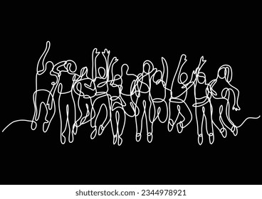 continuous line drawing of large group of jumping people